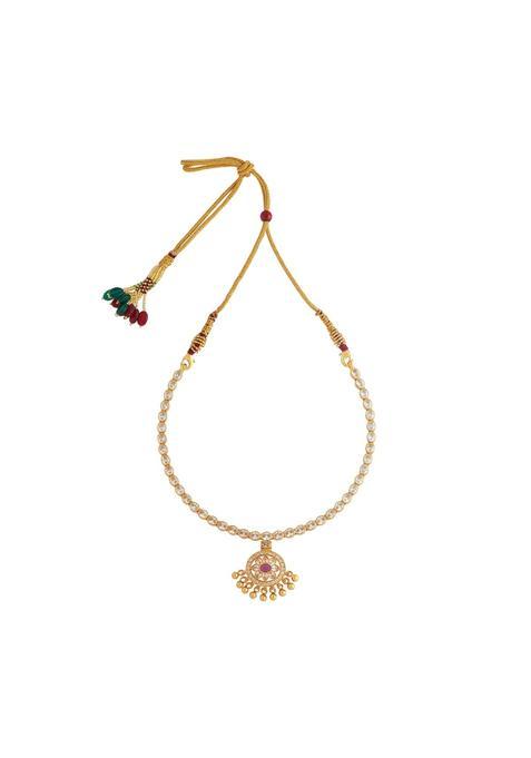 Kushals Fashion Jewellery Ruby White Gold Polished 925 Silver Temple Necklace with Adjustable Thread