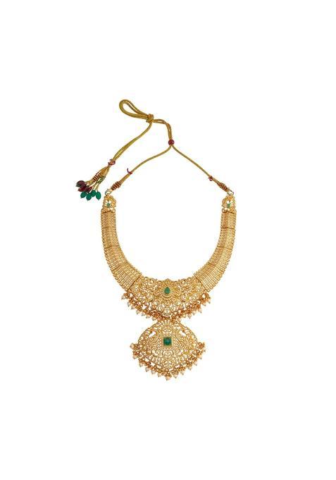 Kushals Fashion Jewellery Green Gold Polished 925 Silver Temple Necklace with Adjustable Thread