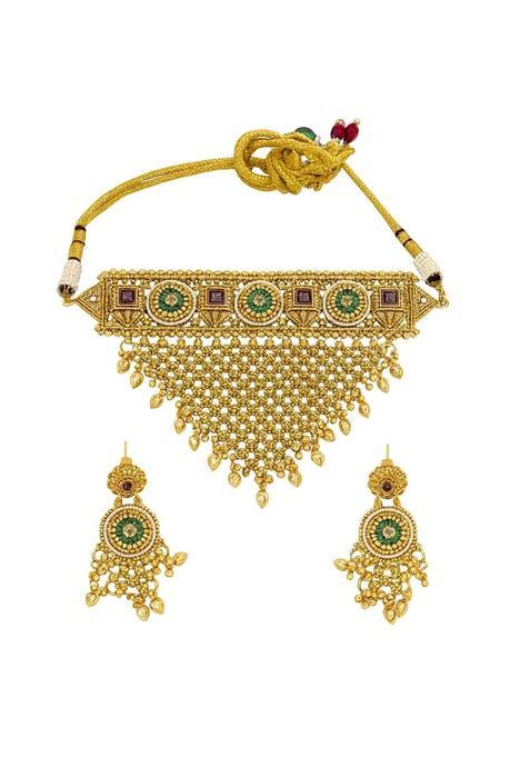 Veltreo International Temple Jewelry Choker with Intricate Beadwork and Green Stone Detailing Gold Toned