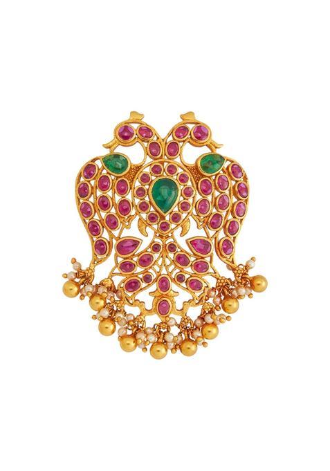 Kushals Fashion Jewellery Ruby Green Gold Plated Ethnic 925 Pure Silver Temple Pendant