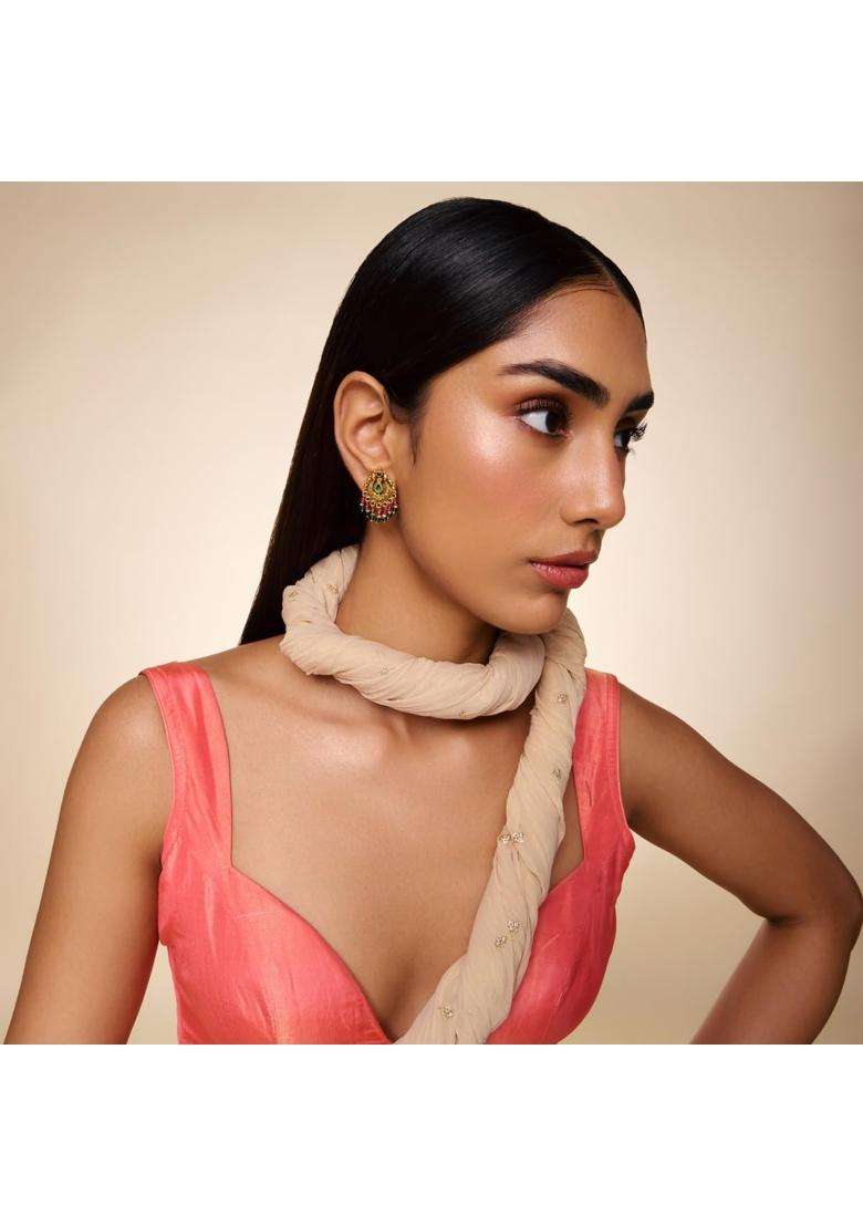 Kushals Fashion Jewellery Ruby Green Oxidised Gold Plated 925 Silver Temple Stud Earrings for Women - Indya
