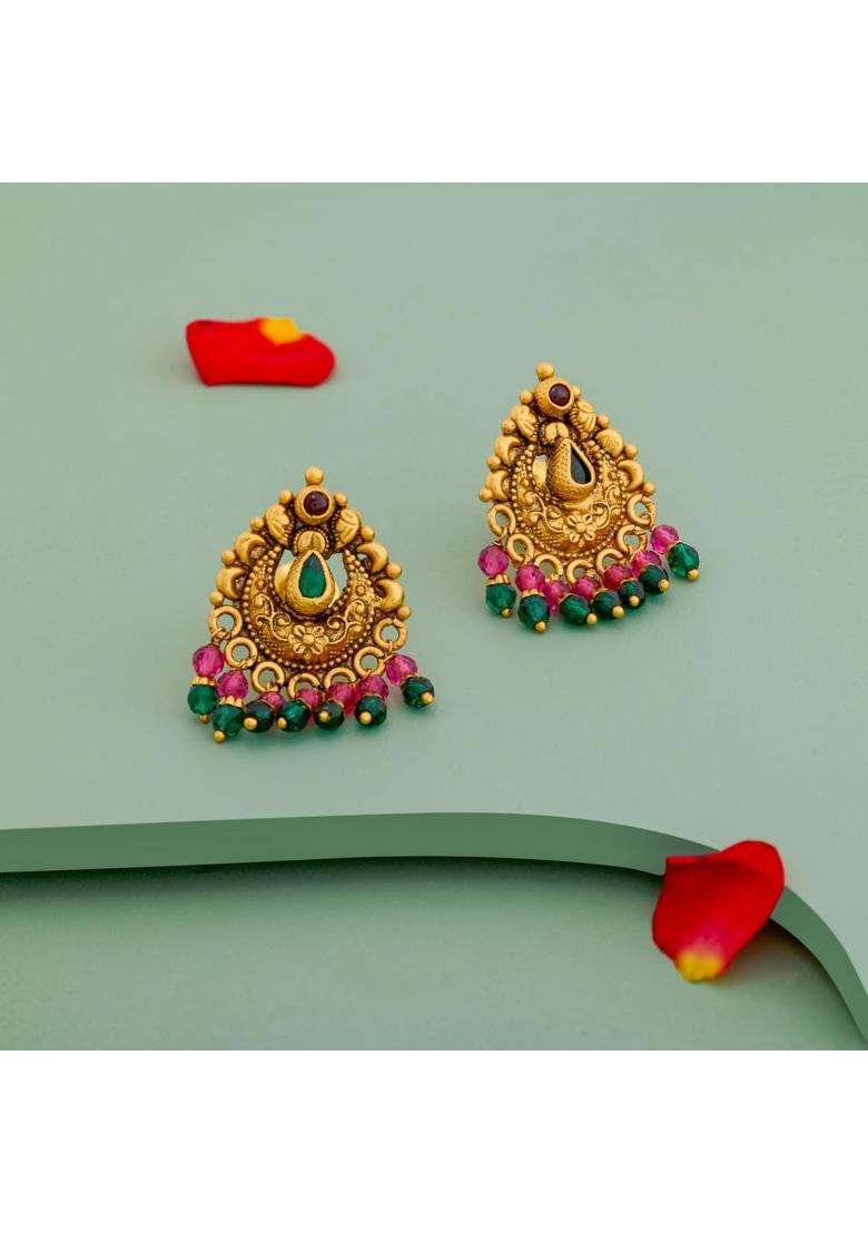Kushals Fashion Jewellery Ruby Green Oxidised Gold Plated 925 Silver Temple Stud Earrings for Women - Indya