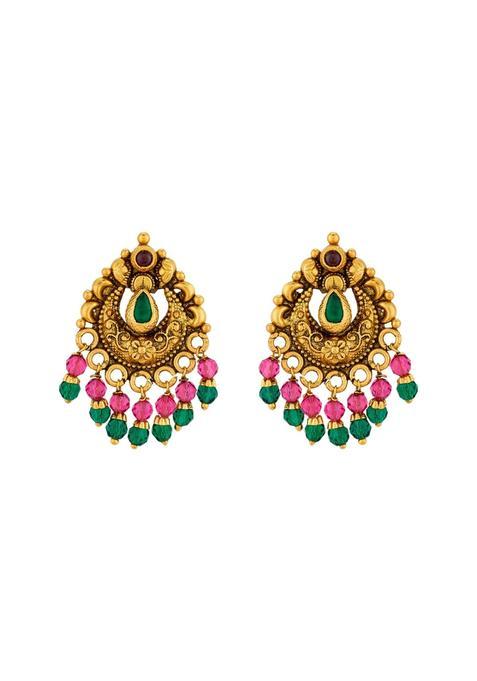 Kushals Fashion Jewellery Ruby Green Oxidised Gold Plated 925 Silver Temple Stud Earrings for Women