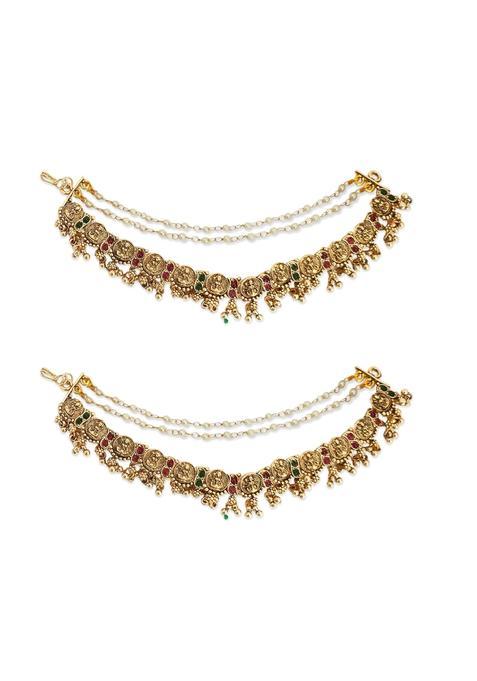 Yellow Chimes Kundan Ear Chain for Women Gold Plated Temple Jewellery