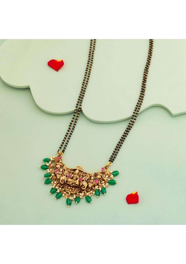 Kushals Fashion Jewellery Ruby Green Oxidised Gold Plated 925 Silver Temple Black Beads Mangalsutra for Women - Indya
