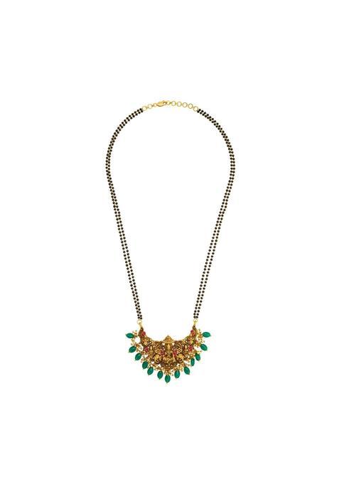 Kushals Fashion Jewellery Ruby Green Oxidised Gold Plated 925 Silver Temple Black Beads Mangalsutra for Women