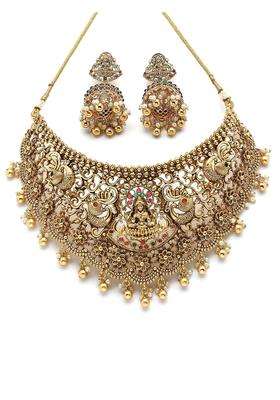 Karatcart Gold Elegant Laxmi Mata and Peacock Design Choker Temple Jewellery Set for Women