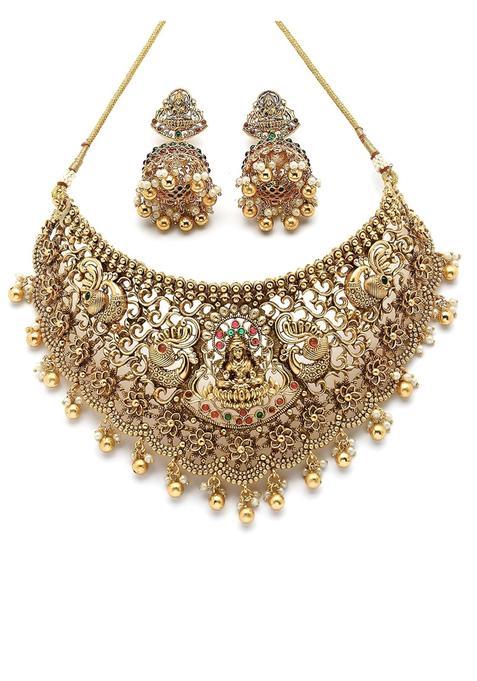 Karatcart Gold Elegant Laxmi Mata and Peacock Design Choker Temple Jewellery Set for Women