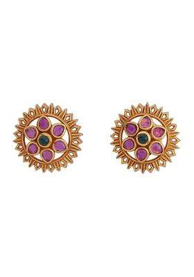 Kushals Fashion Jewellery Ruby Green Gold Plated 925 Pure Silver Temple Earring