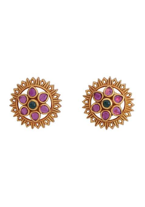 Kushals Fashion Jewellery Ruby Green Gold Plated 925 Pure Silver Temple Earring