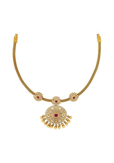 Kushals Fashion Jewellery Ruby Gold Polished 925 Silver Temple Necklace Best for Festive and Special Occasion