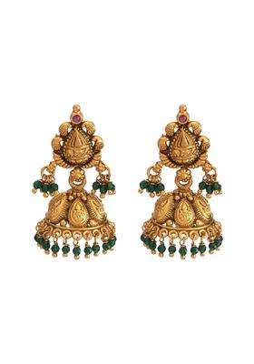 Kushals Fashion Jewellery Ruby Green Oxidised Gold Polished 925 Silver Temple Jhumkas