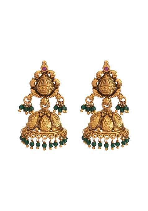 Kushals Fashion Jewellery Ruby Green Oxidised Gold Polished 925 Silver Temple Jhumkas