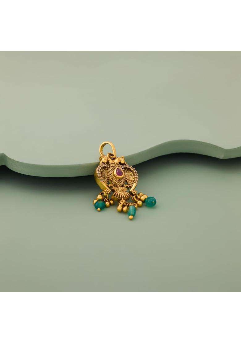 Kushals Fashion Jewellery Ruby Green Oxidised Gold Plated 925 Silver Temple Pendant for Women - Indya