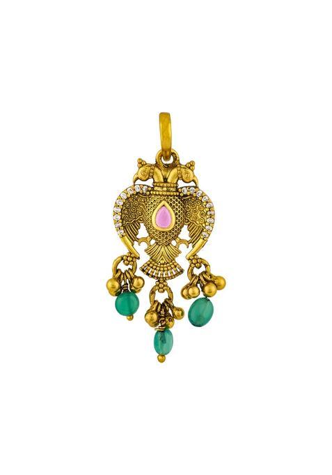 Kushals Fashion Jewellery Ruby Green Oxidised Gold Plated 925 Silver Temple Pendant for Women