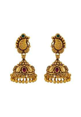 Kushals Fashion Jewellery Ruby Green Oxidised Gold Plated 925 Silver Temple Jhumka Earrings for Women