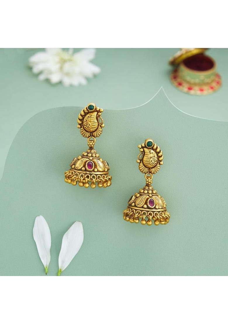 Kushals Fashion Jewellery Ruby Green Oxidised Gold Plated 925 Silver Temple Jhumka Earrings for Women - Indya