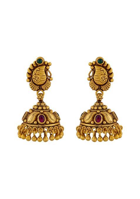 Kushals Fashion Jewellery Ruby Green Oxidised Gold Plated 925 Silver Temple Jhumka Earrings for Women