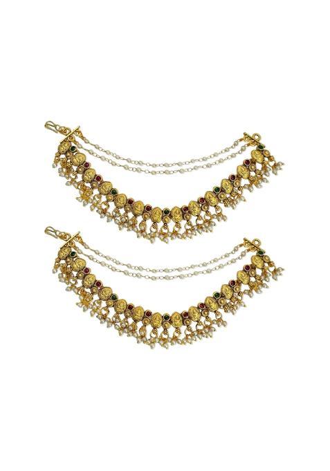 Yellow Chimes Kundan Ear Chain for Women Gold Plated Temple Drop Jewellery