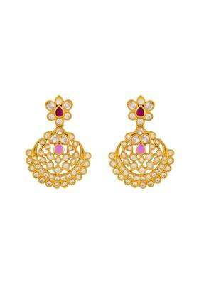 Kushals Fashion Jewellery Ruby Gold Plated 925 Silver Temple Hanging Earrings for Women