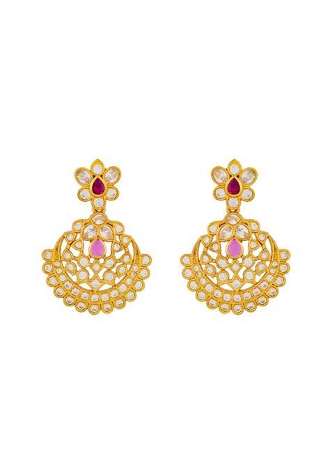 Kushals Fashion Jewellery Ruby Gold Plated 925 Silver Temple Hanging Earrings for Women