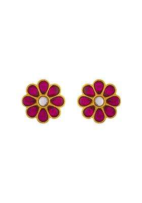 Kushals Fashion Jewellery Ruby Gold Plated 925 Silver Temple Stud Earrings for Women