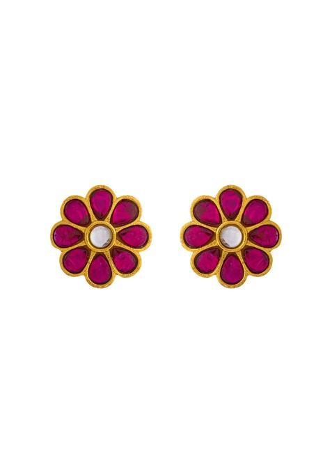 Kushals Fashion Jewellery Ruby Gold Plated 925 Silver Temple Stud Earrings for Women