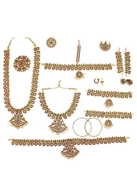 Mango Design Gold Plated Copper with Green and Red Kemp Stones Complete Classical Dance Accessory Set