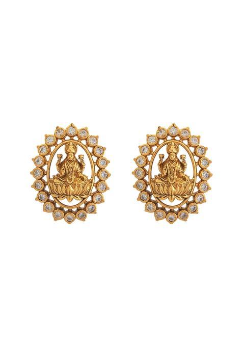 Kushals Fashion Jewellery White Oxidised Gold Polished 925 Silver Temple Earring with Screw Back Lock