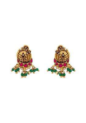 Kushals Fashion Jewellery Ruby Green Oxidised Gold Plated 925 Silver Temple Stud Earrings for Women