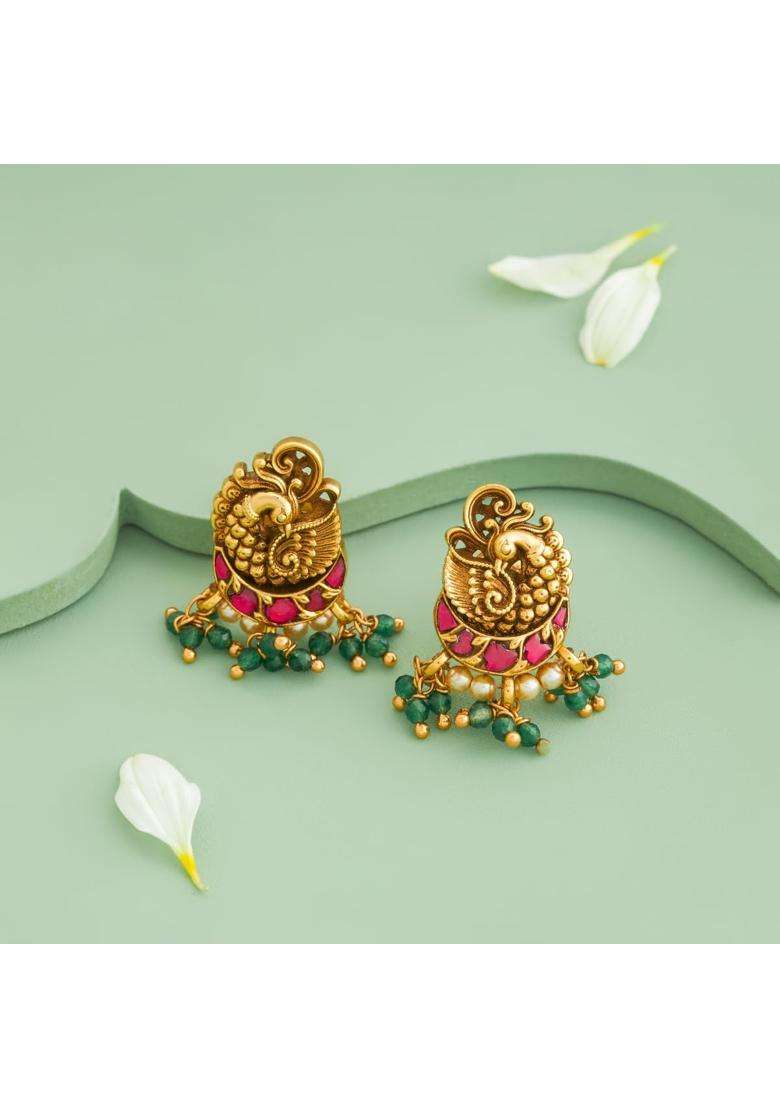 Kushals Fashion Jewellery Ruby Green Oxidised Gold Plated 925 Silver Temple Stud Earrings for Women - Indya