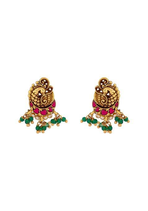 Kushals Fashion Jewellery Ruby Green Oxidised Gold Plated 925 Silver Temple Stud Earrings for Women