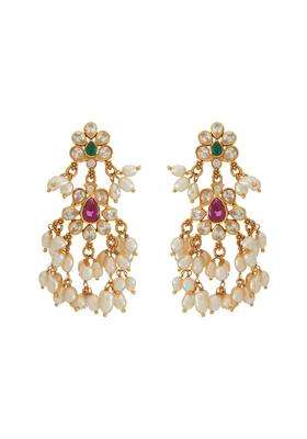 Kushals Fashion Jewellery Ruby Green Gold Plated 925 Silver Temple Hanging Earrings for Women