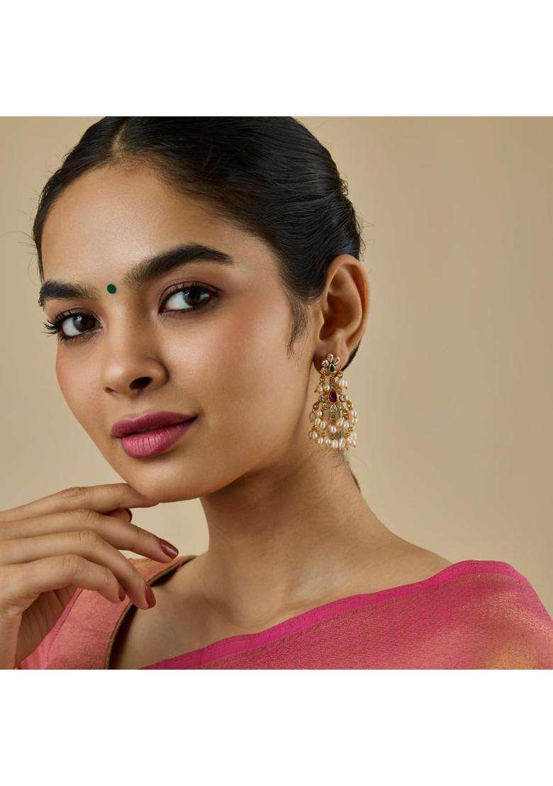 Kushals Fashion Jewellery Ruby Green Gold Plated 925 Silver Temple Hanging Earrings for Women - Indya