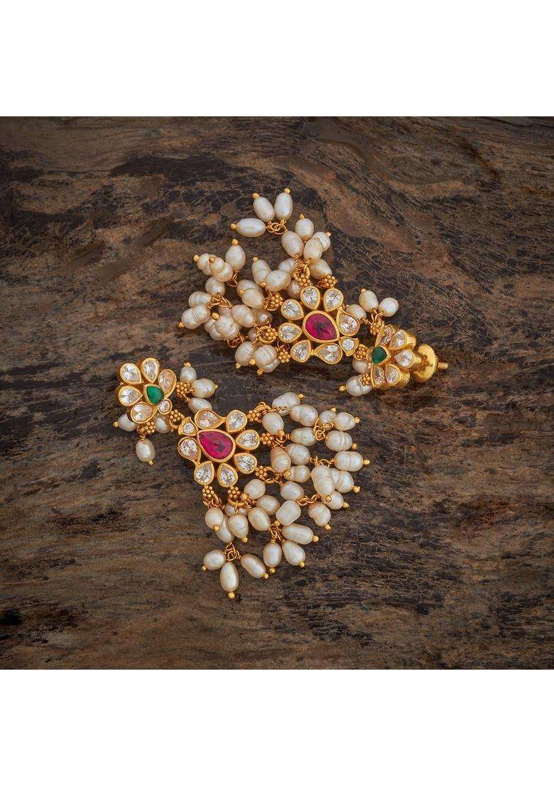 Kushals Fashion Jewellery Ruby Green Gold Plated 925 Silver Temple Hanging Earrings for Women - Indya