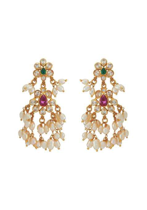 Kushals Fashion Jewellery Ruby Green Gold Plated 925 Silver Temple Hanging Earrings for Women