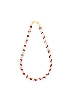 Kushals Fashion Jewellery Red Pearl Gold Plated 925 Silver Temple Beaded Chain for Women