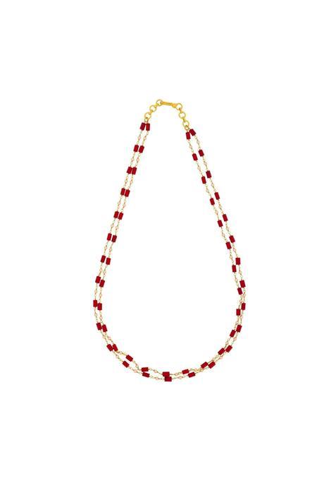 Kushals Fashion Jewellery Red Pearl Gold Plated 925 Silver Temple Beaded Chain for Women