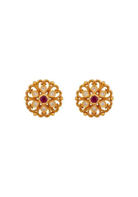 Kushals Fashion Jewellery Ruby Gold Plated 925 Silver Temple Stud Earrings for Women