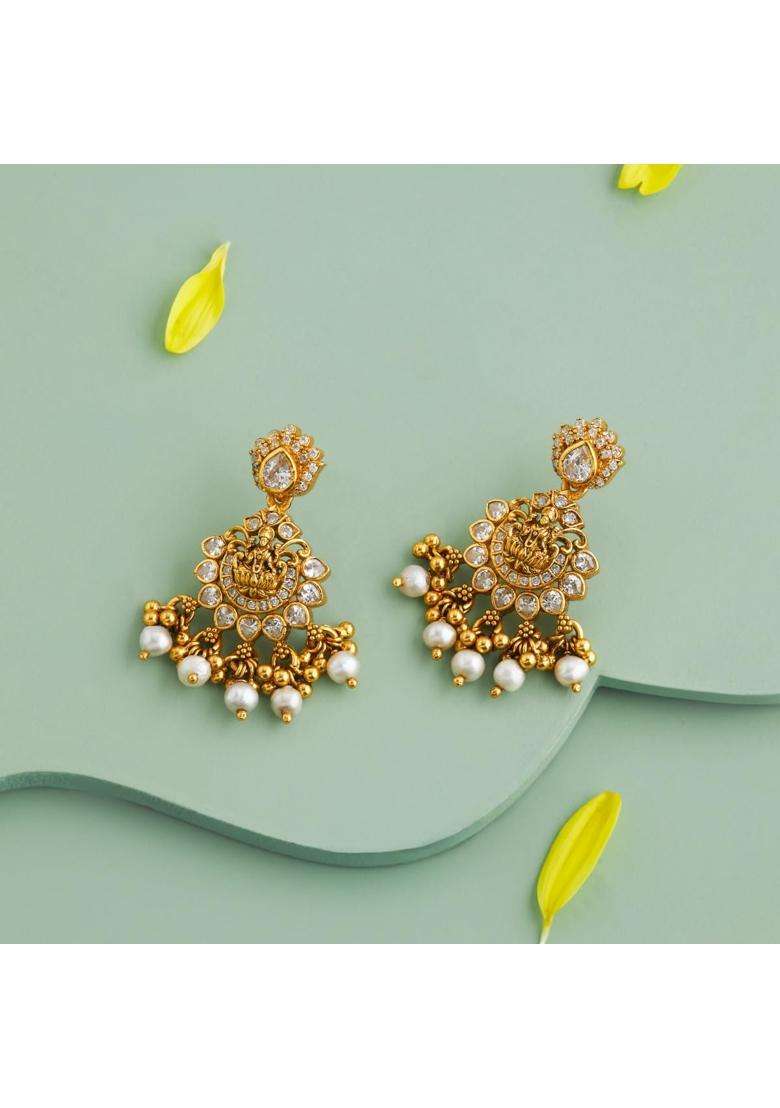 Kushals Fashion Jewellery White Oxidised Gold Polished 925 Silver Temple Earrings - Indya