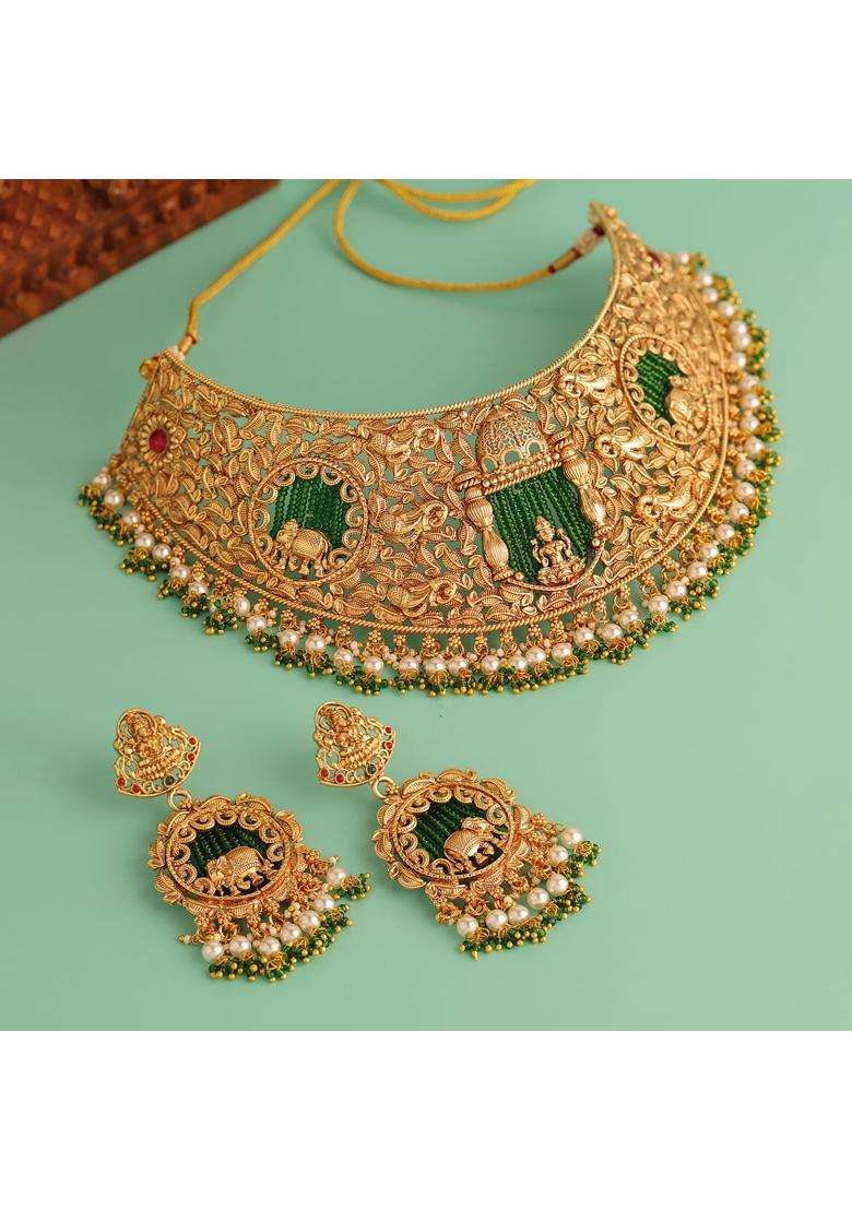 Voylla Gold Opulence Rajalakshmi Temple Necklace Set for Women Gold Jewellery Set Wedding Ethnic South Indian - Indya