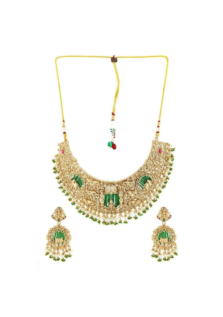 Voylla Gold Opulence Rajalakshmi Temple Necklace Set for Women Gold Jewellery Set Wedding Ethnic South Indian - Indya