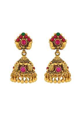 Kushals Fashion Jewellery Ruby Green Oxidised Gold Polished 925 Silver Temple Jhumki Earrings