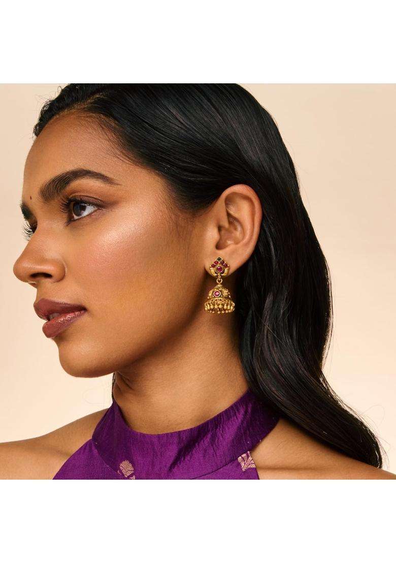 Kushals Fashion Jewellery Ruby Green Oxidised Gold Polished 925 Silver Temple Jhumki Earrings - Indya