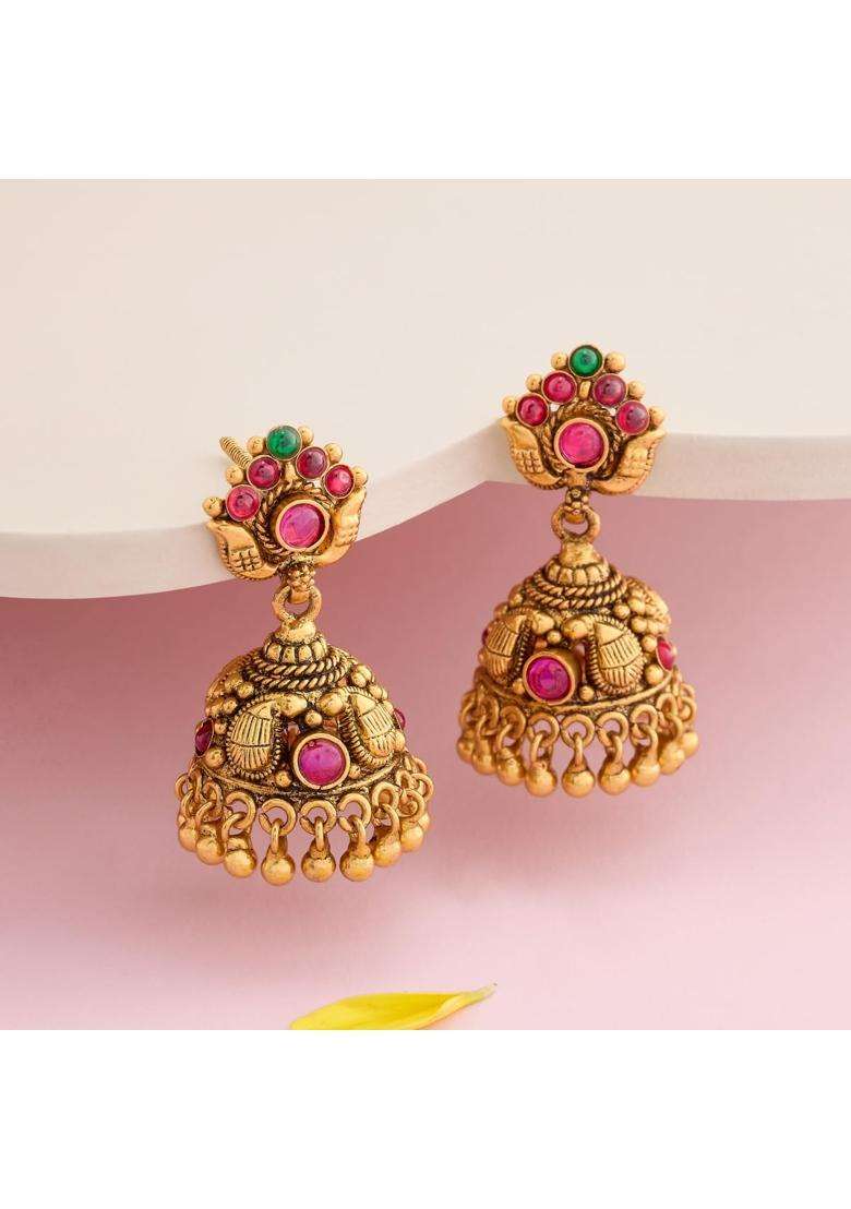 Kushals Fashion Jewellery Ruby Green Oxidised Gold Polished 925 Silver Temple Jhumki Earrings - Indya