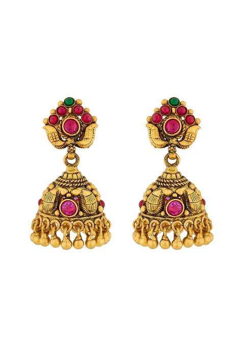 Kushals Fashion Jewellery Ruby Green Oxidised Gold Polished 925 Silver Temple Jhumki Earrings