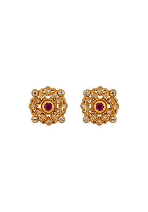 Kushals Fashion Jewellery Ruby Gold Plated 925 Silver Temple Stud Earrings for Women