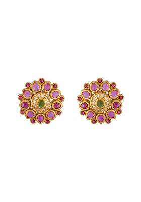 Kushals Fashion Jewellery Ruby Green Gold Plated 925 Silver Temple Stud Earrings for Women