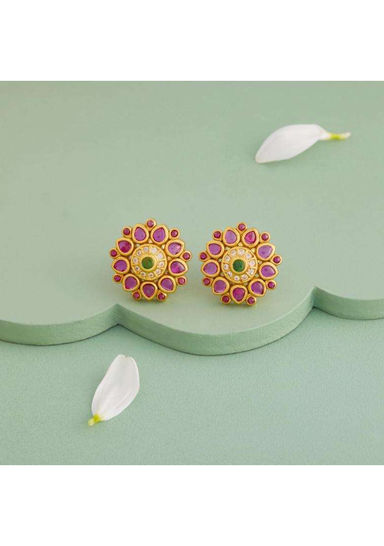 Kushals Fashion Jewellery Ruby Green Gold Plated 925 Silver Temple Stud Earrings for Women - Indya
