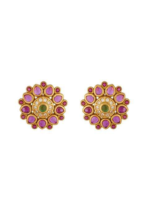 Kushals Fashion Jewellery Ruby Green Gold Plated 925 Silver Temple Stud Earrings for Women